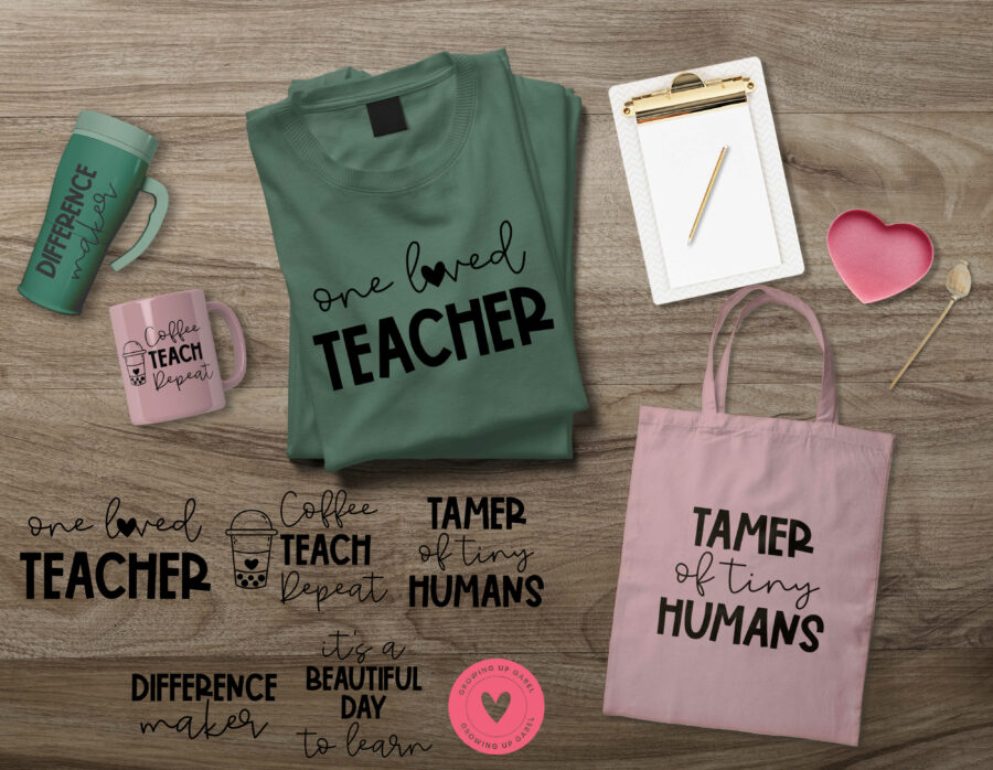 Teacher SVG on shit bag and cups
