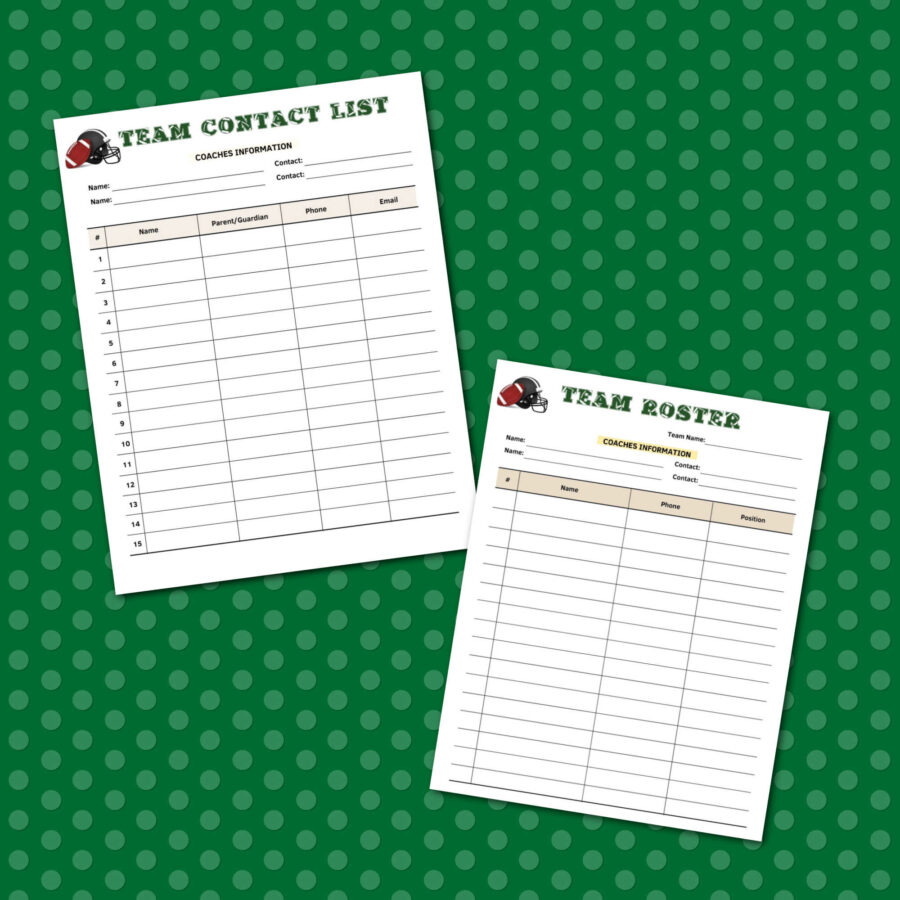 Team roster and Team contact list Football planner sheets