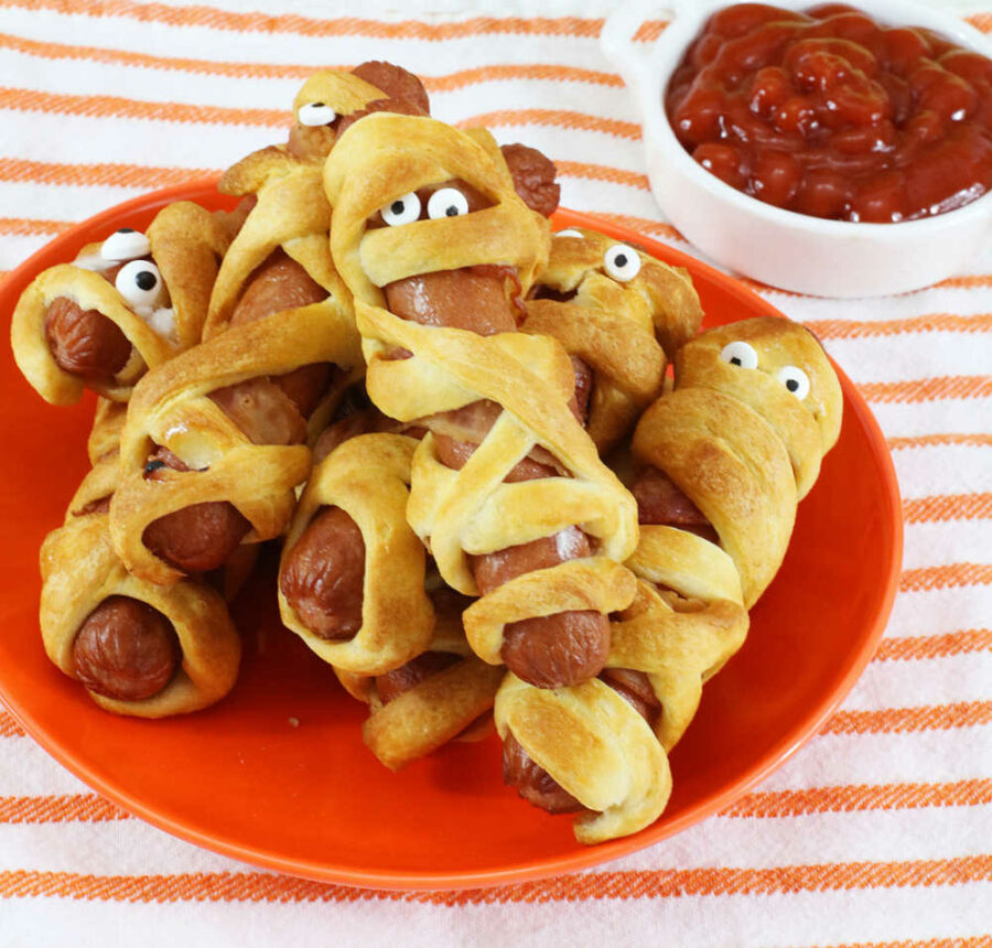 Air Fryer Mummy dogs on a plate