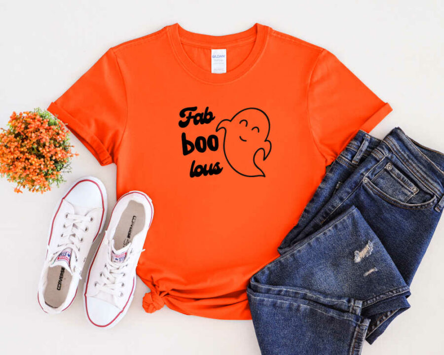 Cute Ghost SVG on an orange shirt