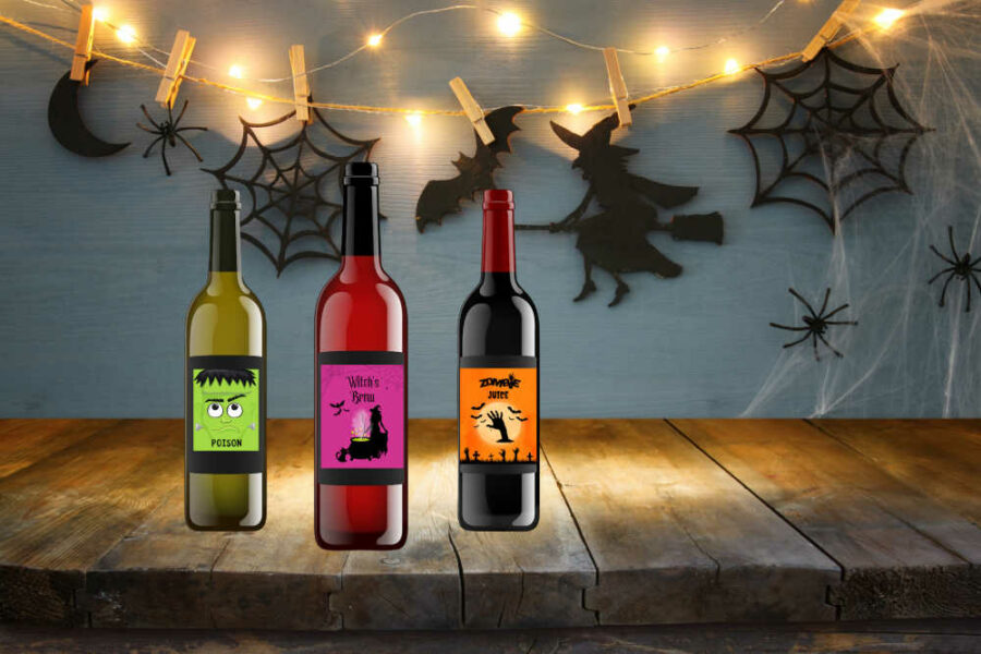 Halloween bottle labels on wine bottles