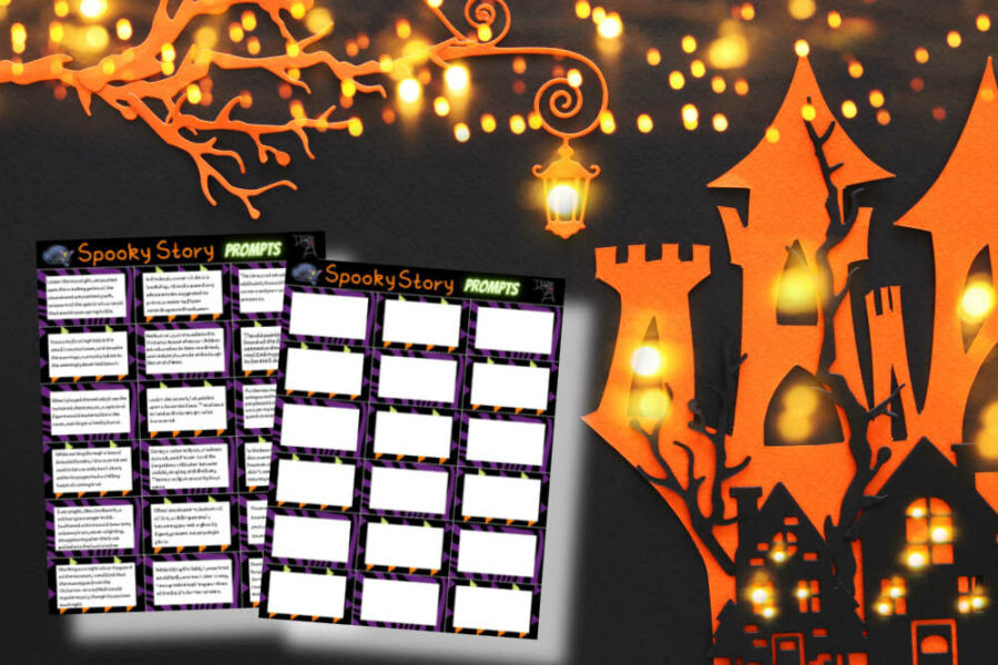Spooky story prompts on a Halloween background with a haunted house and lights