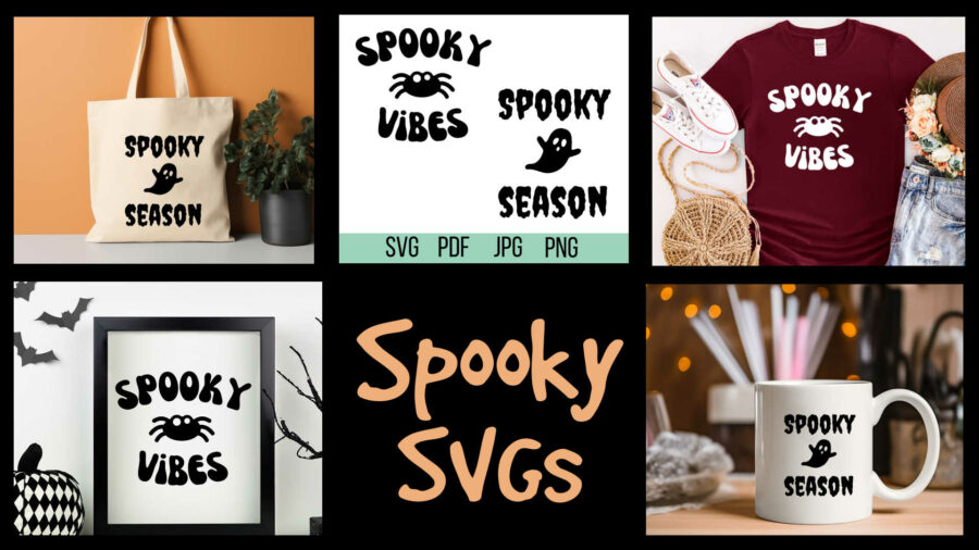 Spooky SVGs on a bag, shirt, in a frame and on a mug
