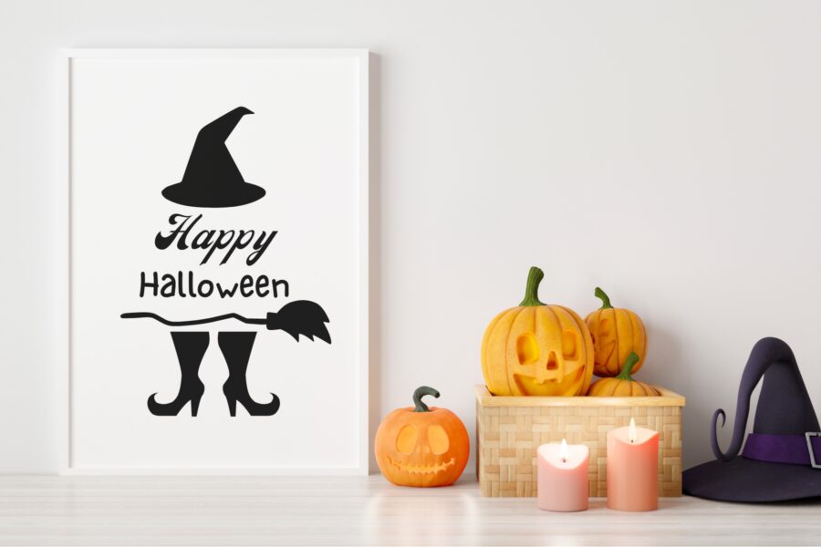 Happy Halloween with a witch hat, broom and shoes SVG