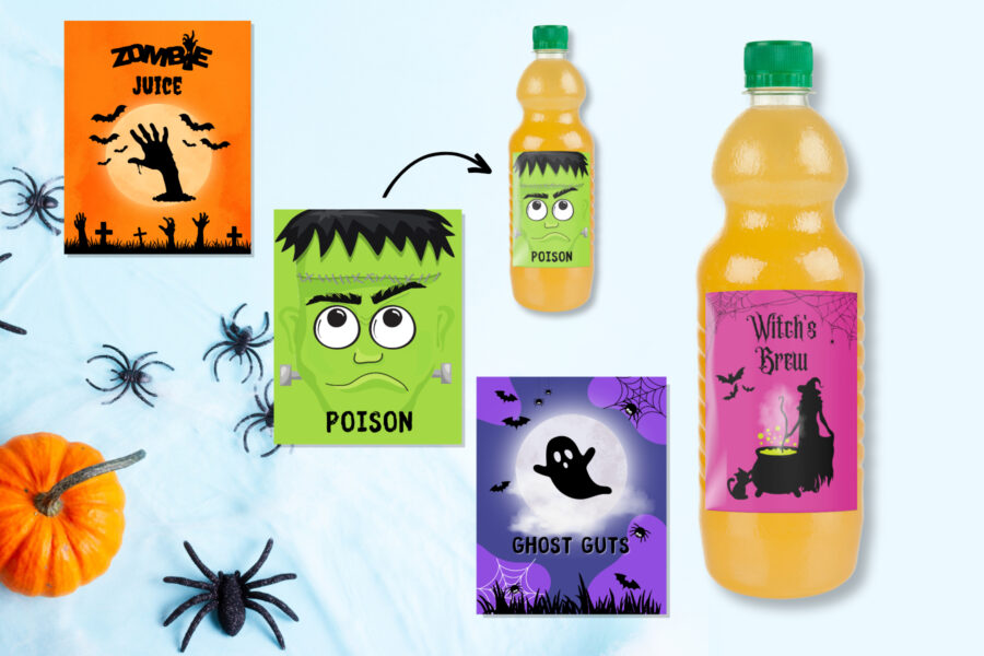 Halloween bottle labels on juice bottles
