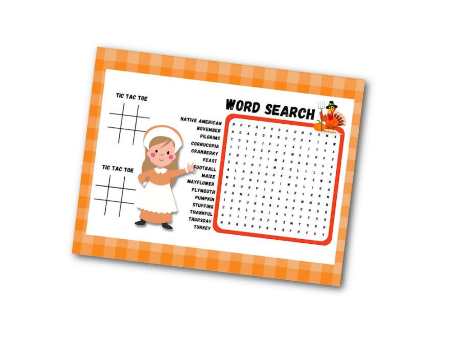 Thanksgiving placemat with word search and tic tac toe games