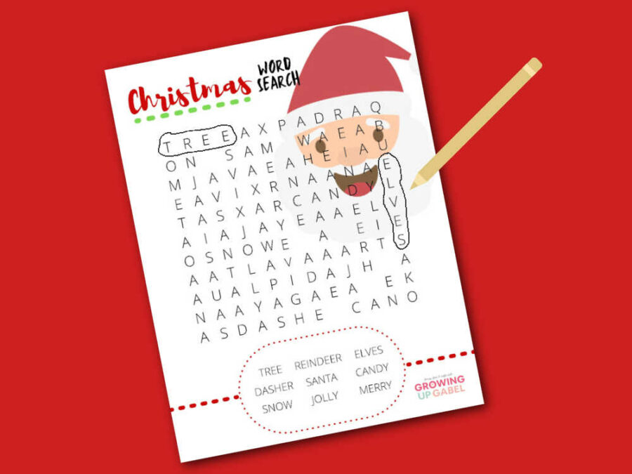 Santa Claus word search with words circled and a pencil