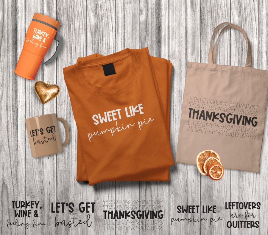 Thanksgiving SVG bundle designs on shirt, cups and bag