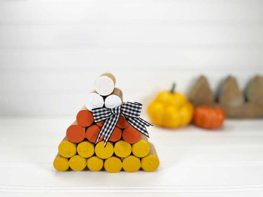zoomed out picture of candy corn wine corks