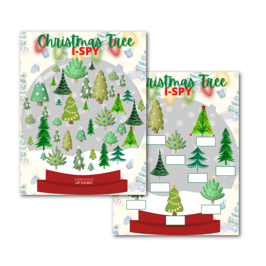 Two sheets of Christmas tree I spy printable puzzles