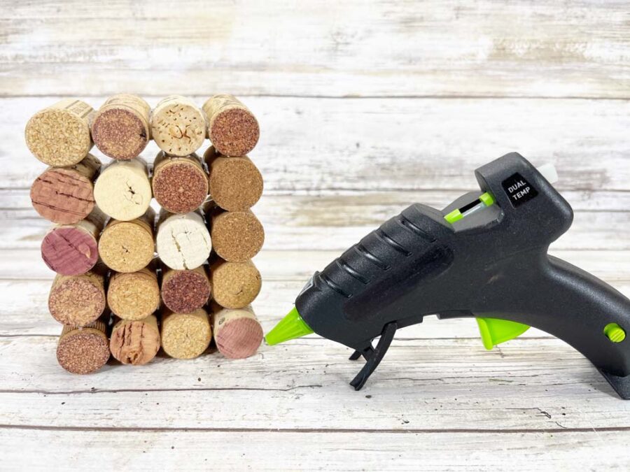 Wine corks glued together in a rectangle with a glue gun