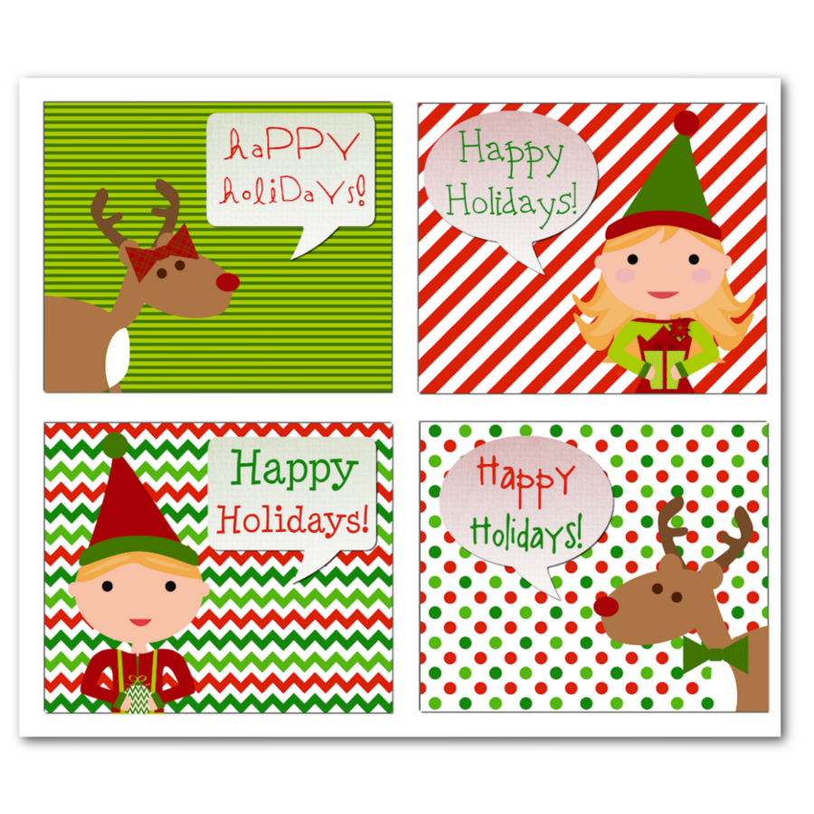 printable happy holidays gift tags with elves and reindeer