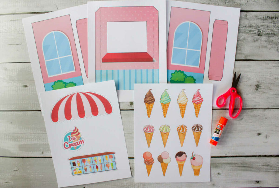 Elf ice cream shop pieces printed on paper laying on a table
