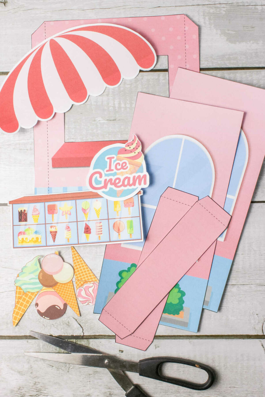 All the pieces to make an elf ice cream shop cut out