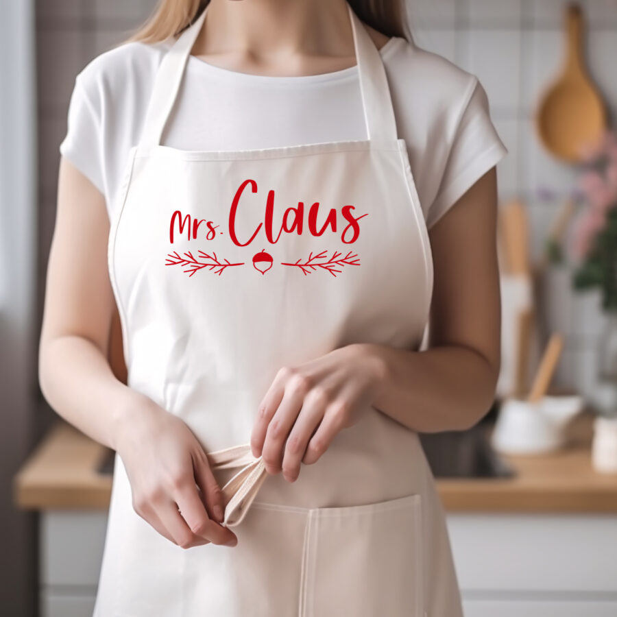 Mrs. Claus SVG in red on an apron