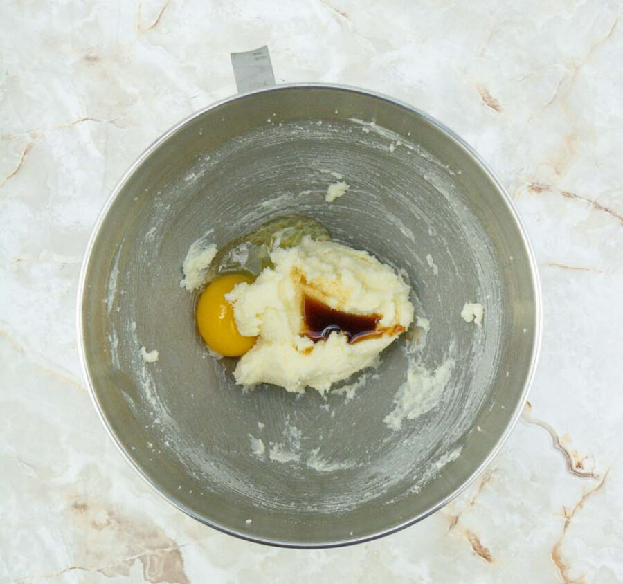 Creamed butter and sugar with egg and vanilla in a mixing bowl