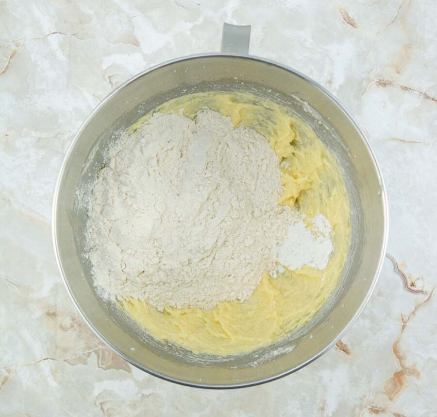 Flour with wet ingredients in a mixing bowl